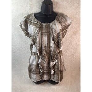 Pure Sugar  Silk Woven Top, White & Brown Pattern Size Large